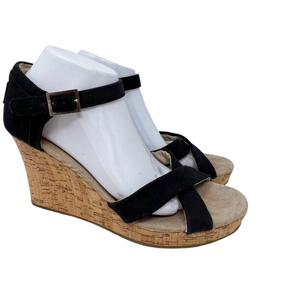 Toms Womens Sienna Black Canvas Cork Wedge 4" Heel Sandal Size 11 VGC - Picture 3 of 9